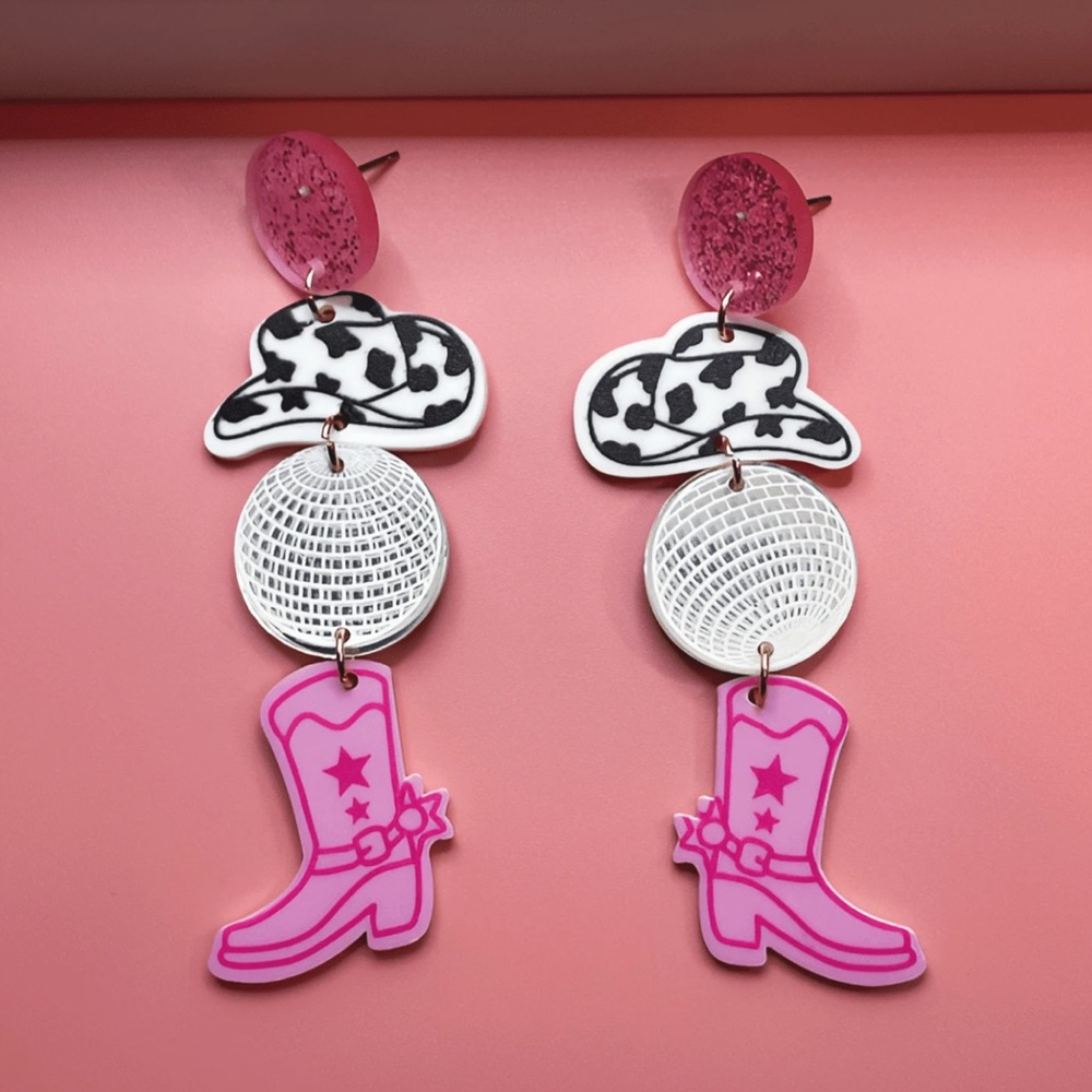 Bachelorette party Statement earrings disco cowgirl boots pink nashville western